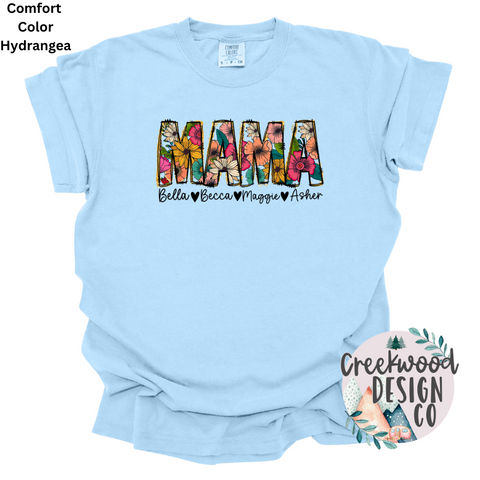 Mama Floral personalized Comfort color tees (add names to box)