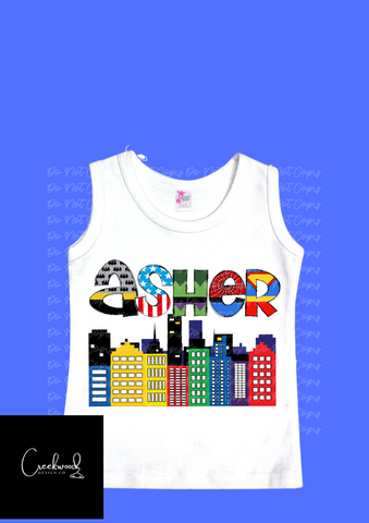 Superhero Name Tee/Tank-SD Please add name to the box for personalization